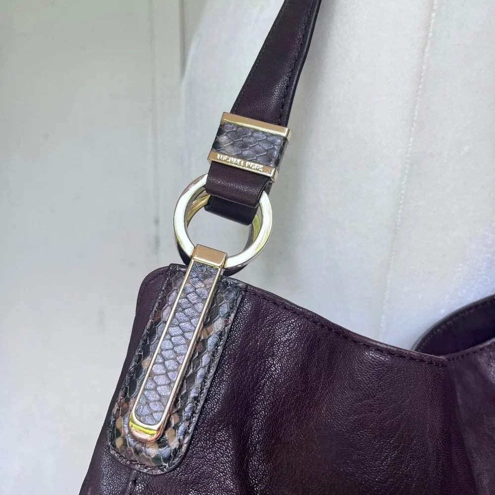 Michael Kors Matilda Brown Leather Shoulder Bag Python Embossed Accents Gold (T)